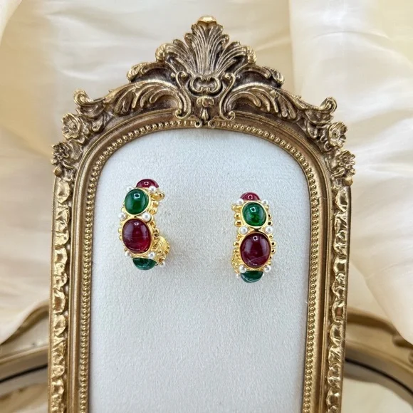 Gemstone Hoop Earrings PVD Gold Plated Stainless Steel with Pearls Natural Stone - Picture 9 of 14